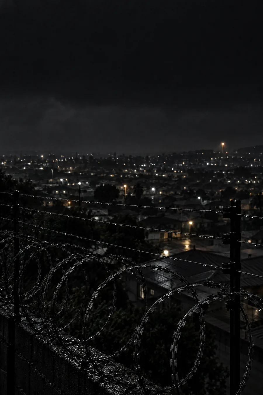 A razor-wire perimeter above a South African city at night