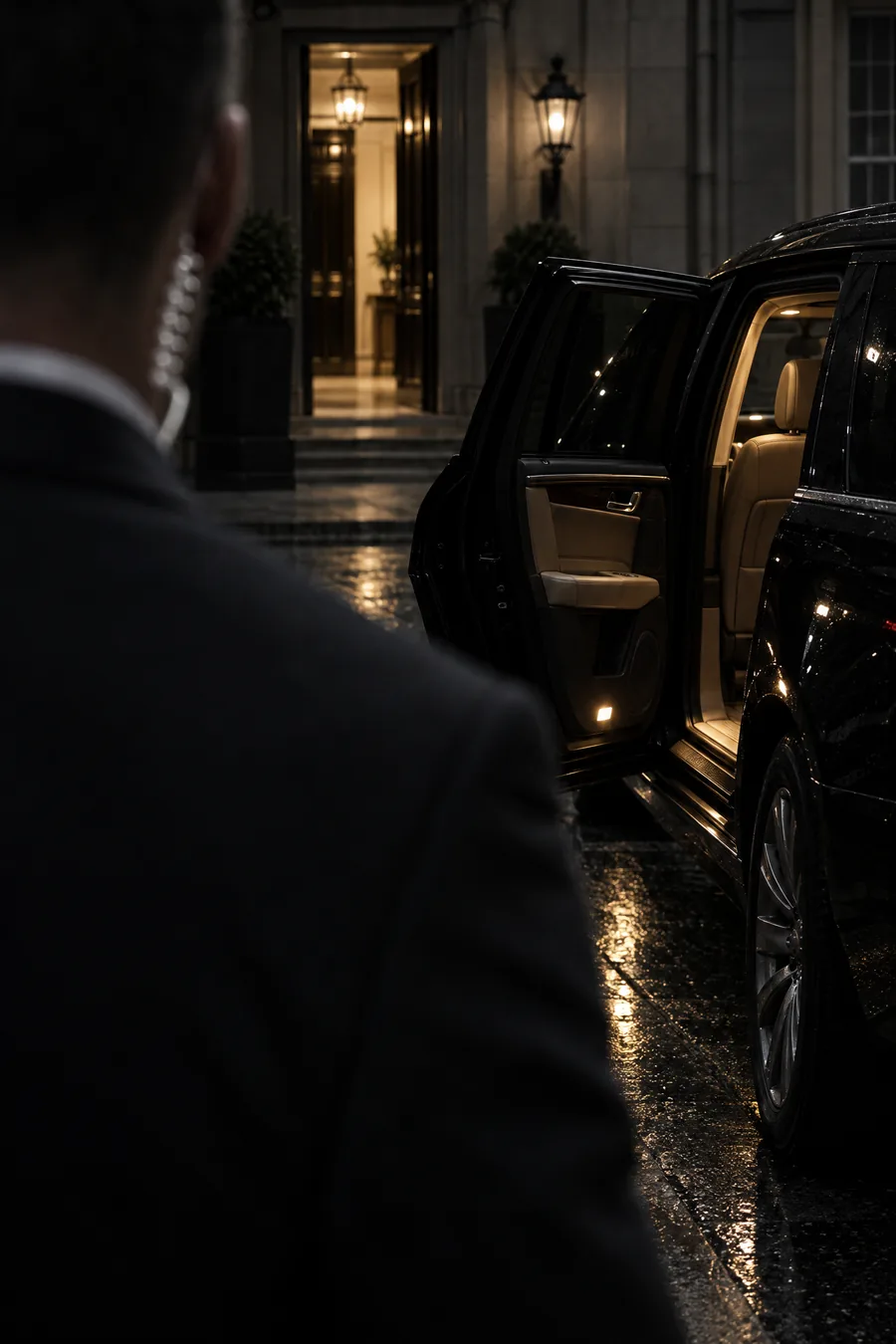 A close protection officer at a vehicle door, principal unseen
