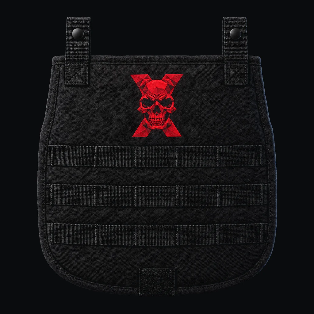 BlackcoreX groin armour, hanging ballistic groin protector with the BlackcoreX mark